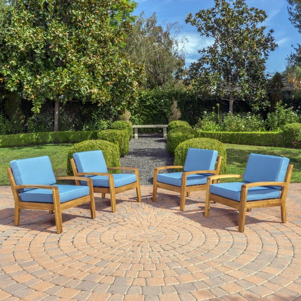 English Elm [set of 4] Grenada Solid Acacia Outdoor Club Chairs Slat Panel Patio Lounge Seating Blue 57977.00FMP4CUSH-BLUSKIN4