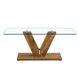 English Elm A Modern Minimalist Style Coffee Table. Transparent Tempered Glass Tabletop With Wooden Mdf Columns. Suitable For Living Room and Dining Room. Ct-V