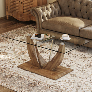 English Elm Modern Minimalist Transparent Tempered Glass Coffee Table With Wooden Mdf Legs and Stainless Steel Decorative Columns. Computer Desk. Game Table. Ct-907