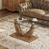 Modern Glass Coffee Table with Wood Legs & Steel Columns - Easy Assembly