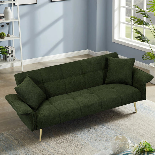 English Elm 70.1 Futon Sofa Bed Convertible Double with Folding Armrests Teddy Velvet Upholstered Multi-Use Comfort Green W2290P147466