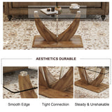 English Elm Modern Minimalist Transparent Tempered Glass Coffee Table With Wooden Mdf Legs and Stainless Steel Decorative Columns. Computer Desk. Game Table. Ct-907