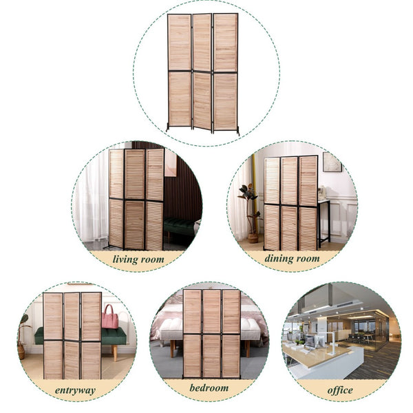 English Elm 3 Panel Paulownia Wood Louvered Folding Screen Freestanding Privacy Divider for Home W1757122147