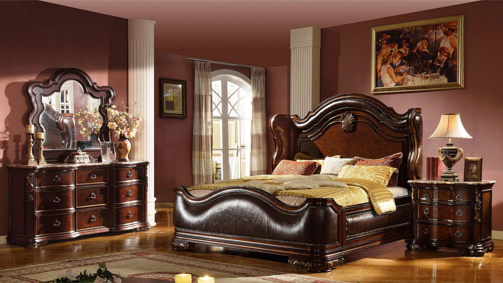 English Elm Bella Queen 4PC Bedroom Set with Upholstered Wing Headboard, Marble Tops, Rich Dark Walnut Finish & 9-Drawer Dresser B009S01604