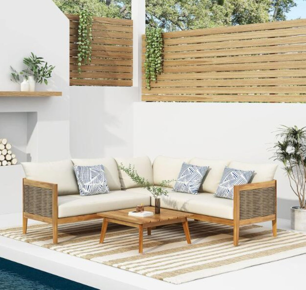 English Elm Crowne Five Piece Outdoor Chat Set Acacia Wood Woven Rattan Resort Patio Lounge 73149.00-74129-30-31