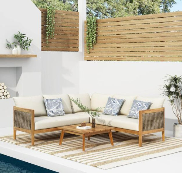 English Elm Crowne Five Piece Outdoor Chat Set Acacia Wood Woven Rattan Resort Patio Lounge 73149.00-74129-30-31