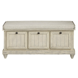 English Elm 1pc Woodwell Storage Bench with Lift-Top, Antique White Finish, Beige Padded Seat, Knob Hardware 44" x 16" White 47.5 L x 22.5 W x 19 H B011P170009