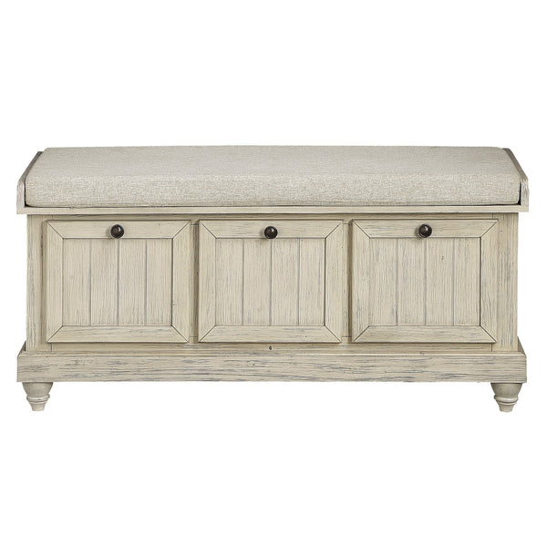 English Elm 1pc Woodwell Storage Bench with Lift-Top, Antique White Finish, Beige Padded Seat, Knob Hardware 44" x 16" White 47.5 L x 22.5 W x 19 H B011P170009