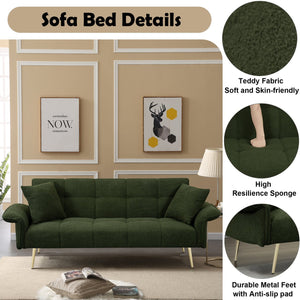 English Elm 70.1 Futon Sofa Bed Convertible Double with Folding Armrests Teddy Velvet Upholstered Multi-Use Comfort Green W2290P147466