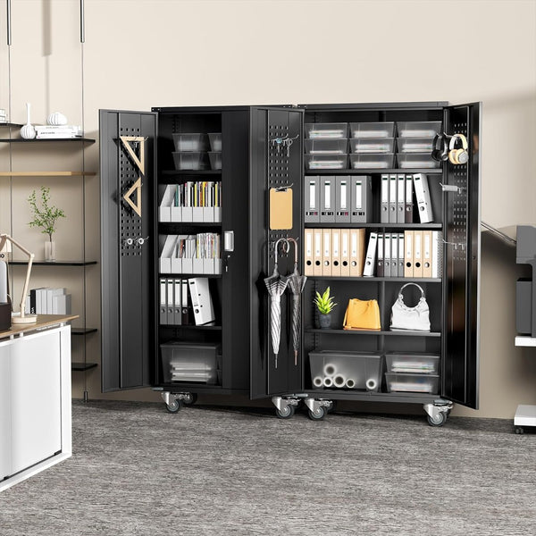 English Elm Veripco Heavy Steel Locking Cabinet with Adjustable Shelves and Rolling Casters W1505S00002