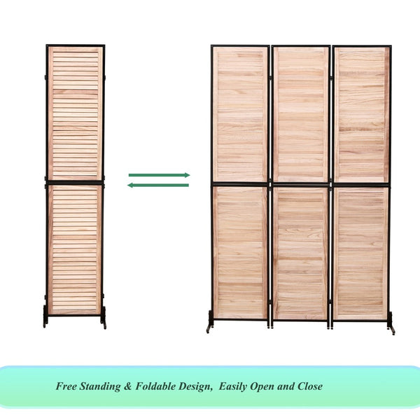 English Elm 3 Panel Paulownia Wood Louvered Folding Screen Freestanding Privacy Divider for Home W1757122147
