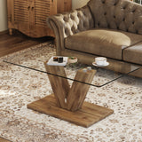 English Elm A Modern Minimalist Style Coffee Table. Transparent Tempered Glass Tabletop With Wooden Mdf Columns. Suitable For Living Room and Dining Room. Ct-V