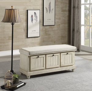 English Elm 1pc Woodwell Storage Bench with Lift-Top, Antique White Finish, Beige Padded Seat, Knob Hardware 44" x 16" White 47.5 L x 22.5 W x 19 H B011P170009