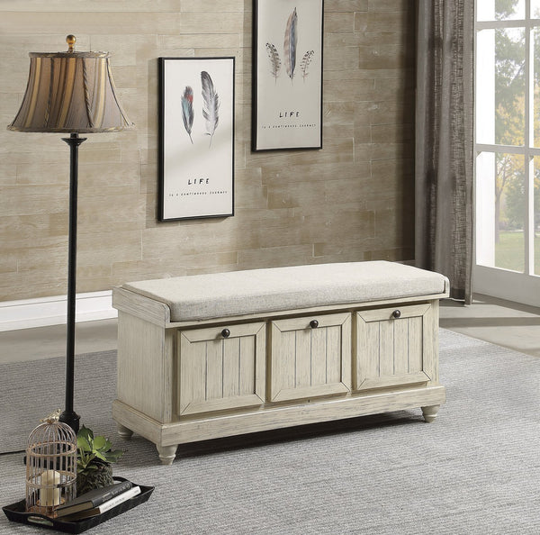 English Elm 1pc Woodwell Storage Bench with Lift-Top, Antique White Finish, Beige Padded Seat, Knob Hardware 44" x 16" White 47.5 L x 22.5 W x 19 H B011P170009