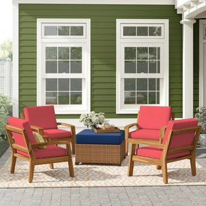 English Elm [set of 4] Grenada Solid Acacia Outdoor Club Chairs Slat Panel Patio Lounge Seating Red 57977.00FMP4CUSH-REDSKIN4