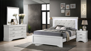 English Elm Queen Brooklyn 4PC Bedroom Set with Tufted LED Headboard, 6-Drawer Dresser, Nightstand & Mirror — Modern White Wood Finish 733569251230