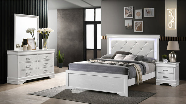 English Elm Queen Brooklyn 4PC Bedroom Set with Tufted LED Headboard, 6-Drawer Dresser, Nightstand & Mirror — Modern White Wood Finish 733569251230