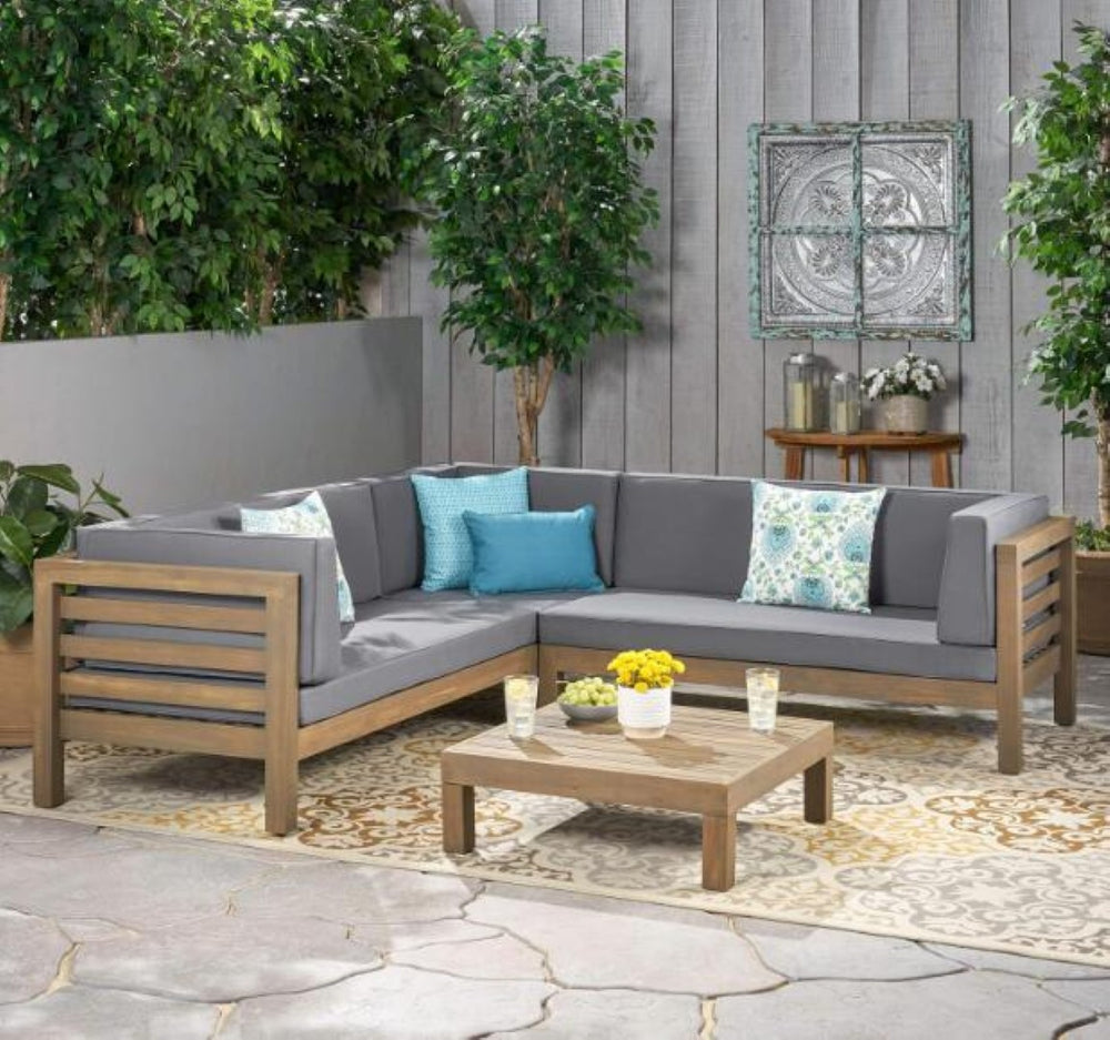 English Elm Oana Outdoor Acacia Wood Sectional Set with Weather Resistant Cushions for Patio 59101-02-64495DGY-64496GRY