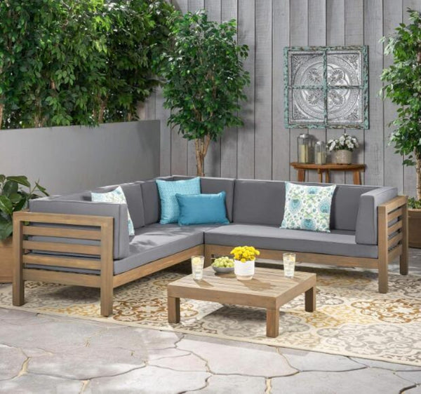 English Elm Oana Outdoor Acacia Wood Sectional Set with Weather Resistant Cushions for Patio 59101-02-64495DGY-64496GRY