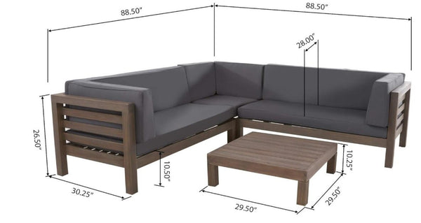 English Elm Oana Outdoor Acacia Wood Sectional Set with Weather Resistant Cushions for Patio 59101-02-64495DGY-64496GRY