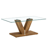 English Elm A Modern Minimalist Style Coffee Table. Transparent Tempered Glass Tabletop With Wooden Mdf Columns. Suitable For Living Room and Dining Room. Ct-V