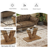 English Elm A Modern Minimalist Style Coffee Table. Transparent Tempered Glass Tabletop With Wooden Mdf Columns. Suitable For Living Room and Dining Room. Ct-V