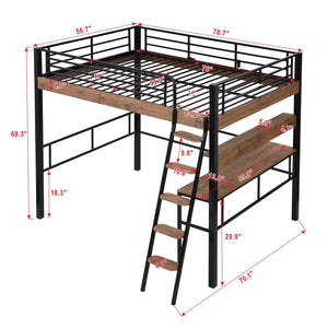 English Elm Metal Full Size Loft Bed with LED Light, Built-In Full-Length Desk, Storage Shelf & Ladder — Space-Saving Industrial Black, Sturdy Metal Frame for Study & Sleep GX001120AAB