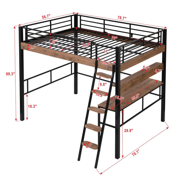 English Elm Metal Full Size Loft Bed with LED Light, Built-In Full-Length Desk, Storage Shelf & Ladder — Space-Saving Industrial Black, Sturdy Metal Frame for Study & Sleep GX001120AAB
