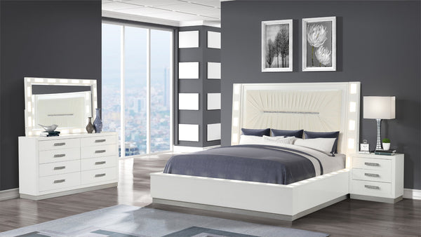 English Elm Queen Coco 4PC Bedroom Set with LED Headboard & Rails, Plush Upholstery, 8-Drawer Dresser, Mirror 659436095311