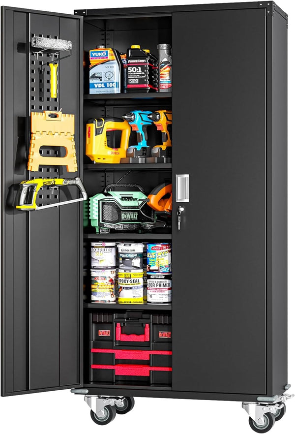 English Elm Veripco Heavy Steel Locking Cabinet with Adjustable Shelves and Rolling Casters W1505S00002