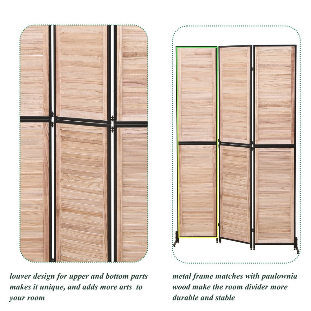 English Elm 3 Panel Paulownia Wood Louvered Folding Screen Freestanding Privacy Divider for Home W1757122147