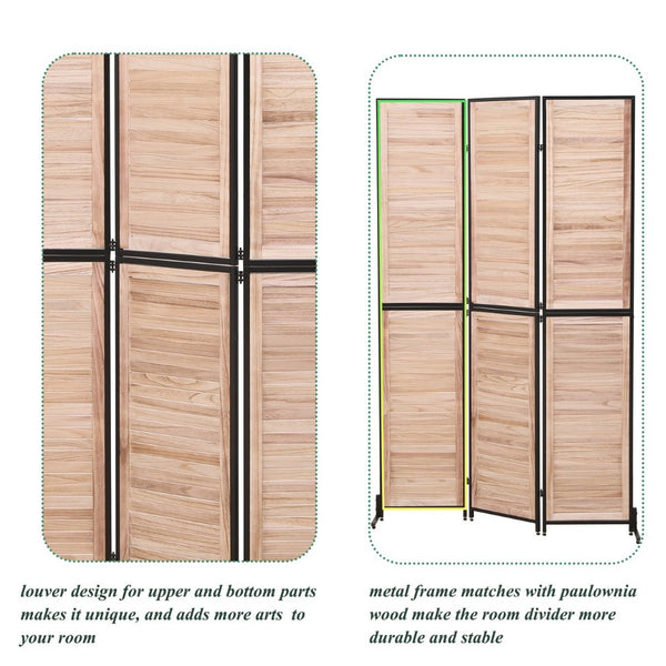 English Elm 3 Panel Paulownia Wood Louvered Folding Screen Freestanding Privacy Divider for Home W1757122147