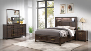 English Elm KENZO Queen 4PC Bedroom Set with LED Headboard, Bluetooth Speakers, USB Ports & Storage, Walnut B009S01138