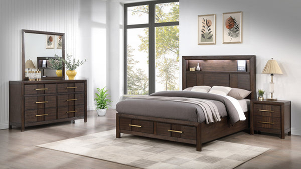 English Elm KENZO Queen 4PC Bedroom Set with LED Headboard, Bluetooth Speakers, USB Ports & Extra Storage - Walnut B009S02021