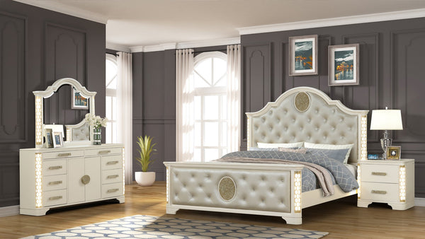English Elm jasmine Champagne Crystal Tufted Queen 4Pc Bedroom Set with LED Lights, Gold Accents & 8-Drawer Dresser 659436059887