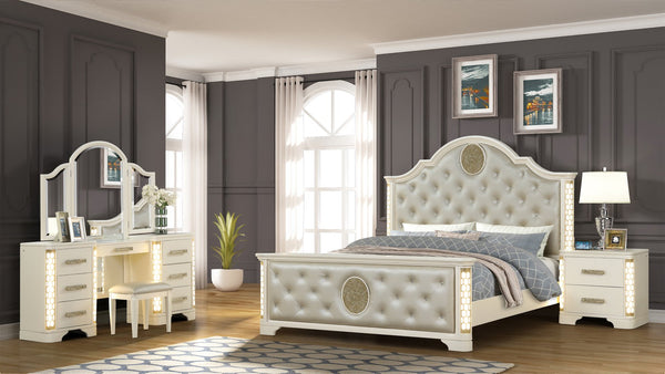 English Elm JASMINE Queen 4-Pc LED Vanity Bedroom Set - Champagne Tufted Headboard, Gold Accents, 7-Drawer Dresser 659436027251