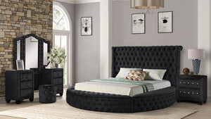 English Elm HAZEL King 4PC Velvet Vanity Bedroom Set Black Tufted Bed w/USB Speakers, Storage, 6-Drawer Vanity B009S00816