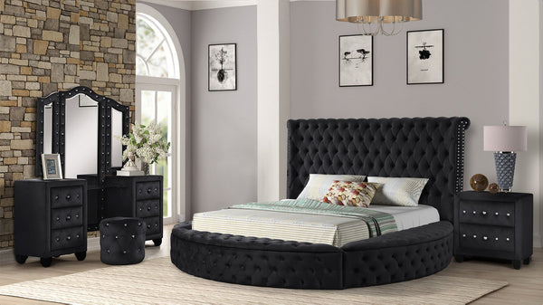 English Elm HAZEL King 4PC Vanity Bedroom Set Tufted Velvet Headboard Footboard USB Speakers Storage Glam B009S02079