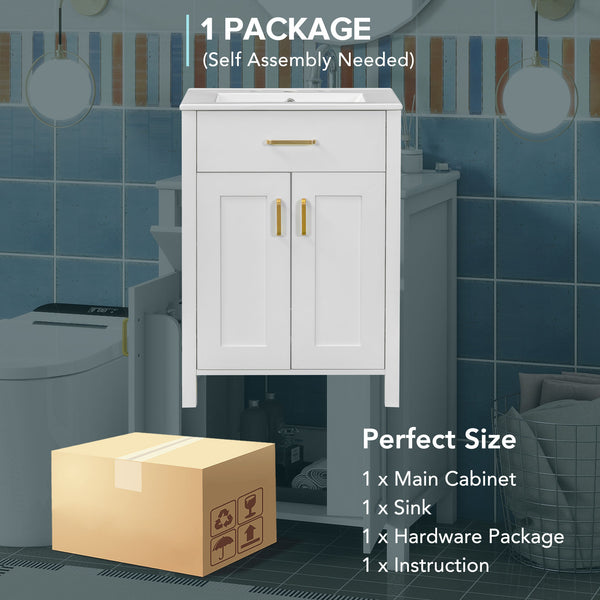 English Elm 24"Bathroom Vanity Combo with Ceramic Sink, Space-Saving Modern White Vanity with Gold Handles, 2 Doors WF323088AAK