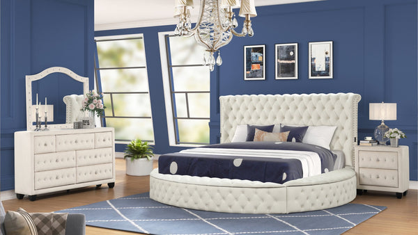 English Elm HAZEL King 4PC Bedroom Set Cream Velvet Tufted Headboard with Speakers, USB Ports & Storage B009S02070