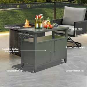 English Elm Grill Cart Outdoor Metal Rolling Prep Station with Lockable Cabinet and Caster Wheels Grey W1859P170274