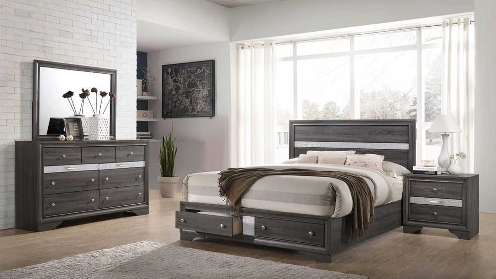 English Elm Traditional Matrix King 4-Piece Storage Bedroom Set in Gray — Engineered Wood, Headboard, 7-Drawer Dresser, Nightstand 808857969781