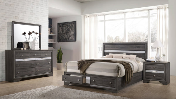 English Elm Traditional Matrix Queen 4-Piece Storage Bedroom Set in Gray — Engineered Wood, Elegant Headboard, 7-Drawer Dresser, Mirror, Nightstand 808857726179