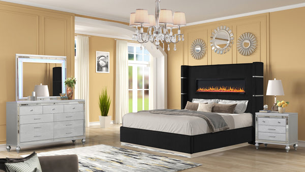 English Elm LIZZELLE Queen 4PC Bedroom Set with Velvet Upholstery, LED Fireplace Display, Bluetooth & USB Speakers B009S02101