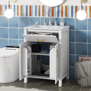 English Elm 24"Bathroom Vanity Combo with Ceramic Sink, Space-Saving Modern White Vanity with Gold Handles, 2 Doors WF323088AAK