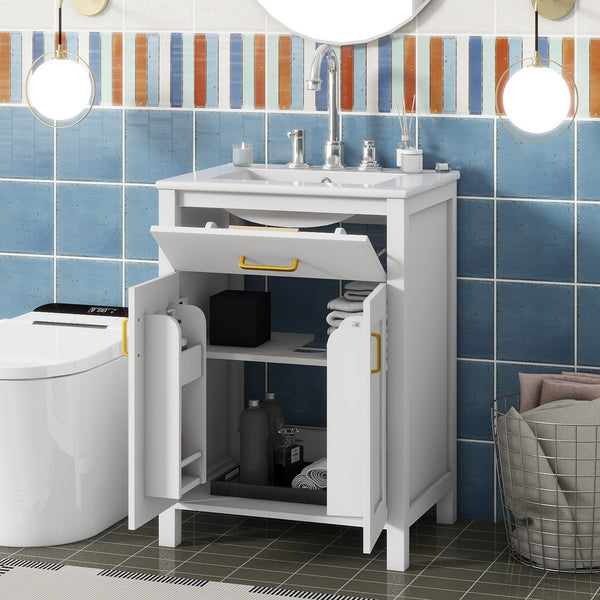 English Elm 24"Bathroom Vanity Combo with Ceramic Sink, Space-Saving Modern White Vanity with Gold Handles, 2 Doors WF323088AAK
