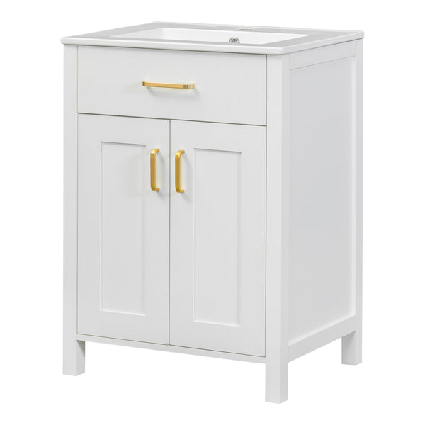 English Elm 24"Bathroom Vanity Combo with Ceramic Sink, Space-Saving Modern White Vanity with Gold Handles, 2 Doors WF323088AAK