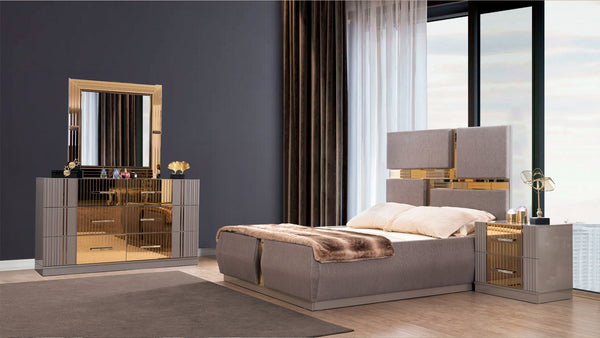 English Elm Lorenzo Queen 4 Pc Bedroom Set - Modern Luxury With Tufted Headboard, Gold Accents & Storage Solutions B009S01889