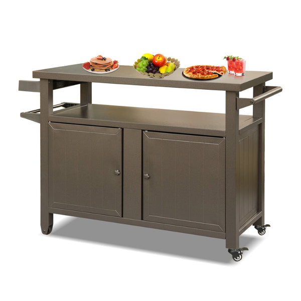 English Elm Grill Cart Outdoor Metal Rolling Prep Station with Lockable Cabinet and Caster Wheels Brown W1859P170173