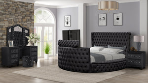 English Elm Crystal Tufted Queen 4-Pc Vanity Bedroom Set With Usb Charging & Tv Stand Footboard In Black B009S01132